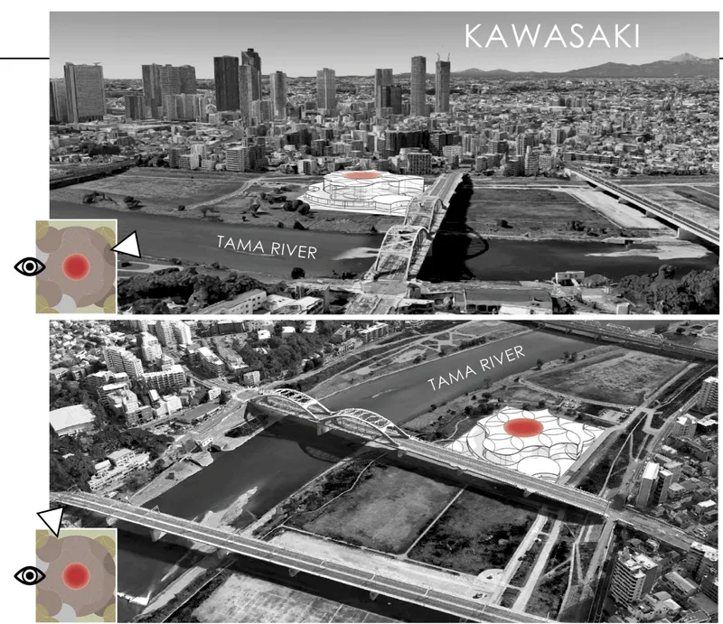Aerial site views showing the Shippō Pavilion positioned along the Tama River between Kawasaki and Tokyo.