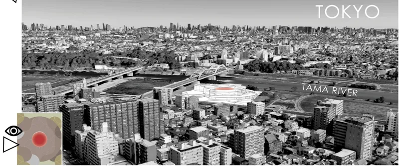 Urban panorama highlighting Tokyo Dojo as a riverside landmark connected to the Tama River and surrounding cityscape.