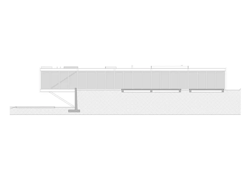 Section drawing showing the elongated cantilevered volume with a diagonal stair connecting to the sloped terrain