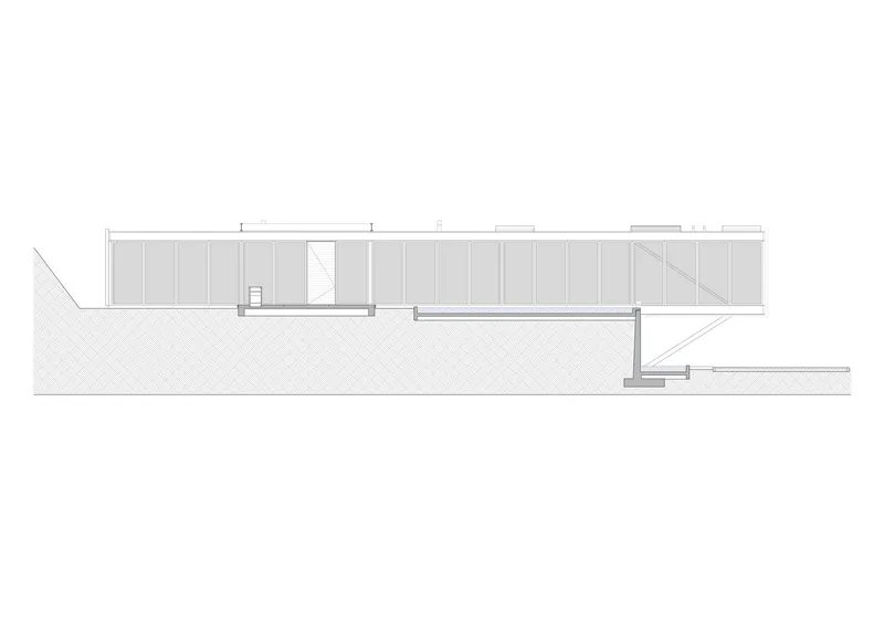 Section drawing showing the building following the contour with stepped terraces extending from the main volume