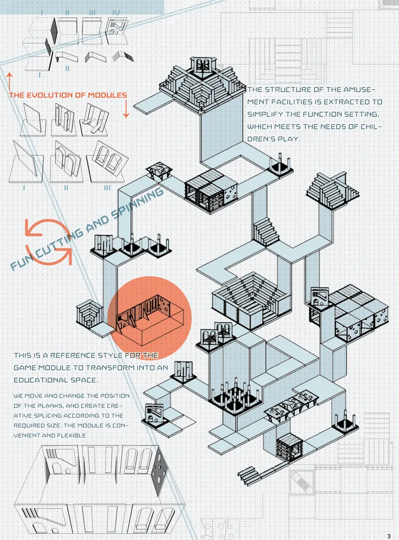 Adaptable modules combine to create interactive educational and recreational spaces.