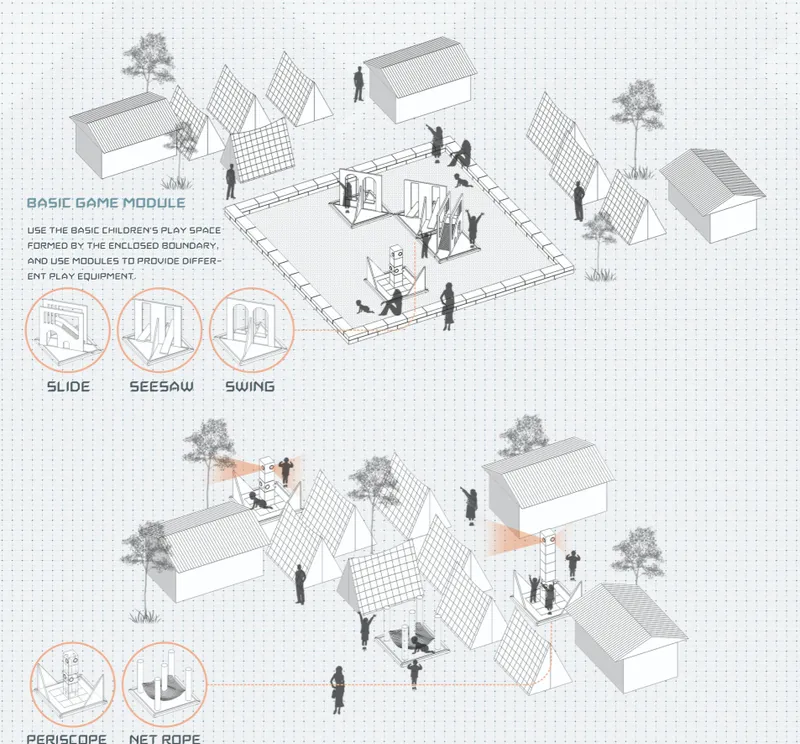 Modular play elements activate shared spaces within temporary settlements.