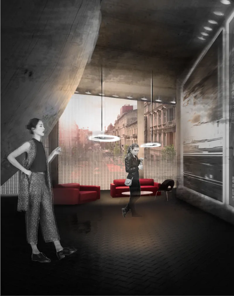 The interior combines holographic imagery, social space, and urban views to create an interactive cinema environment.