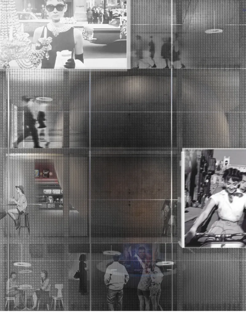 Layered screens and visible activity blur the boundary between cinema, architecture, and public life.