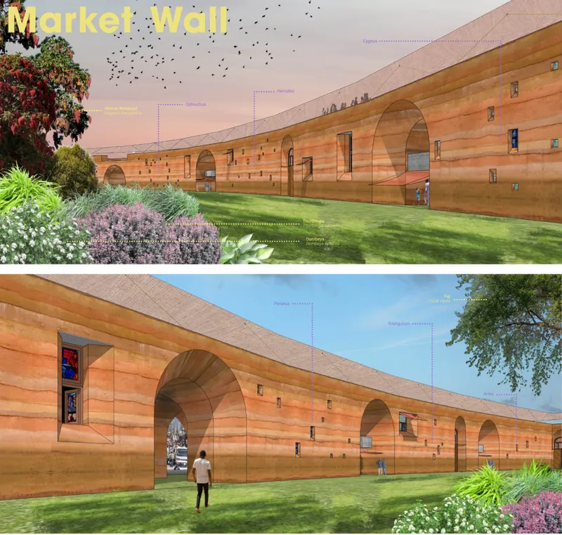 Monumental market wall creating a protected edge between city life and ecological sanctuary.