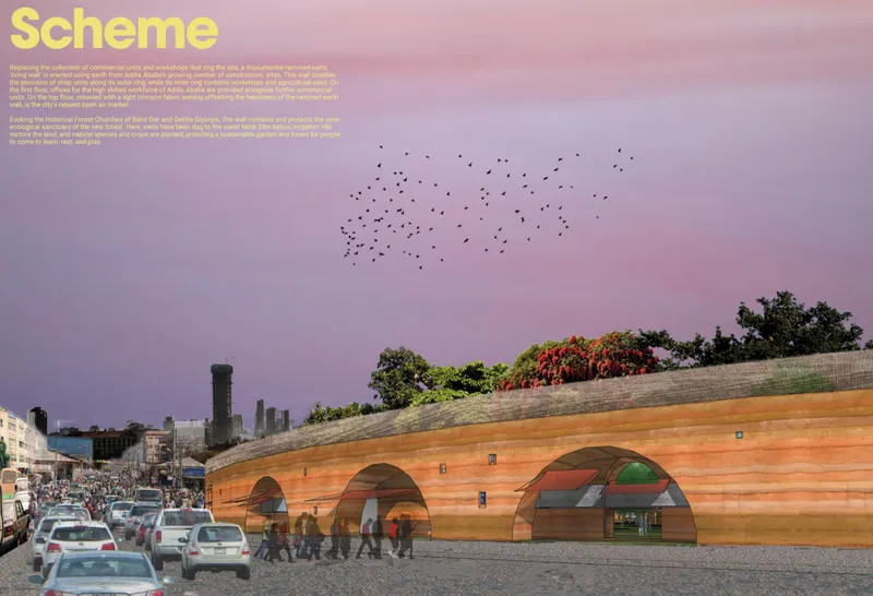 Rammed-earth market wall enclosing Addis Ababa’s new ecological chapel and urban sanctuary.