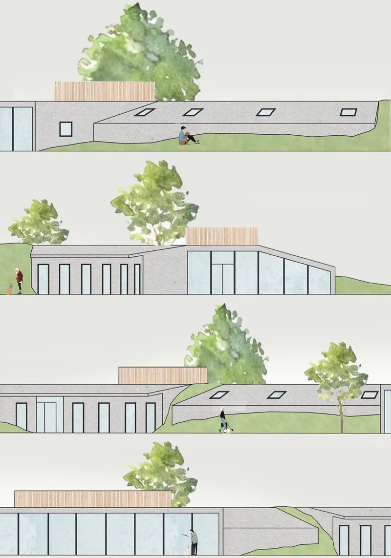 Elevation drawings showing four facades with curved rooflines, timber volumes, and surrounding trees