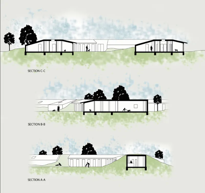Section drawings illustrating interior spaces beneath curving roof with figures and flanking trees