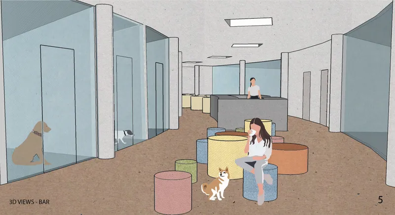 Perspective rendering of interior bar area with curved seating pods and a dog beside a seated figure