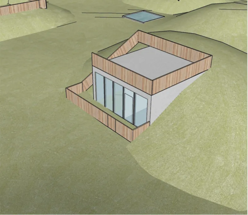 Axonometric drawing showing timber-clad structure with stepped terraces and glass-walled volume on sloping terrain
