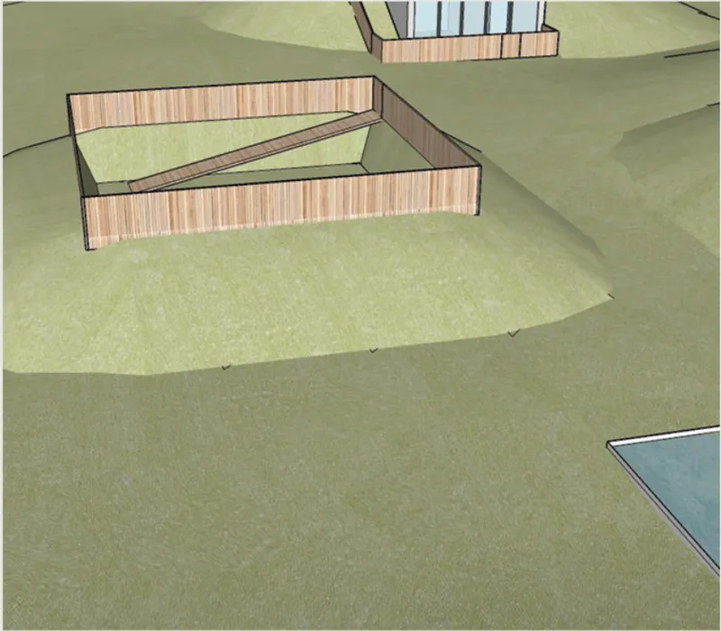 Detail view of timber-clad stepped terrace rising from graded landscape surface