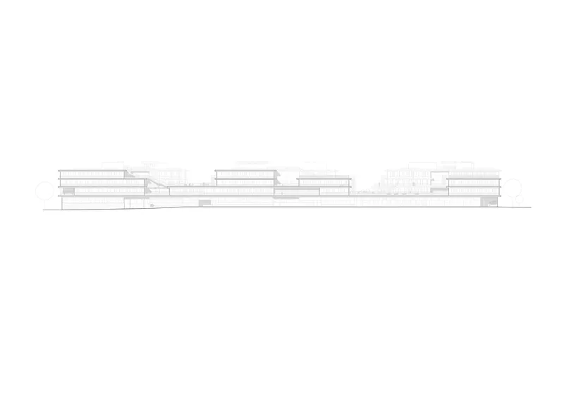 Elevation drawing showing a series of staggered rectangular volumes along a horizontal datum