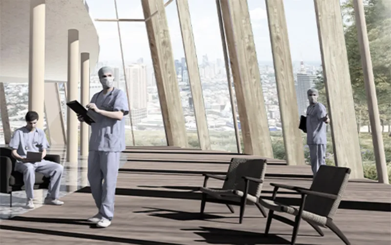 Glazed rehabilitation spaces provide natural light, city views, and restorative areas for healthcare workers.