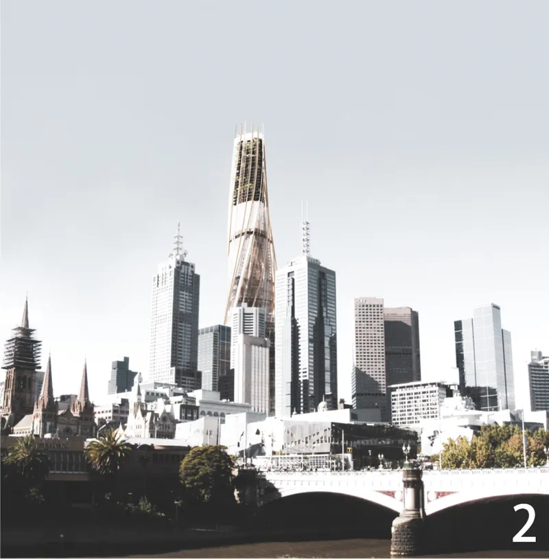 The tapered medical tower integrates into Melbourne’s skyline while remaining connected to the city center.