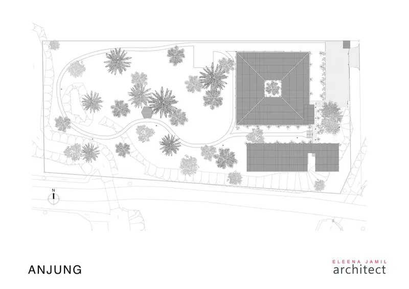 Site plan drawing showing two roofed volumes with landscaped pathways and tree locations