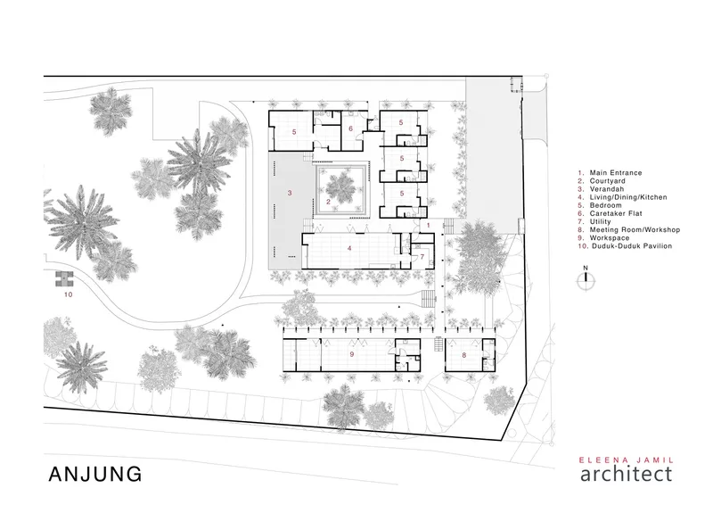 Site plan drawing showing multiple building volumes arranged around a central courtyard with palm trees scattered throughout