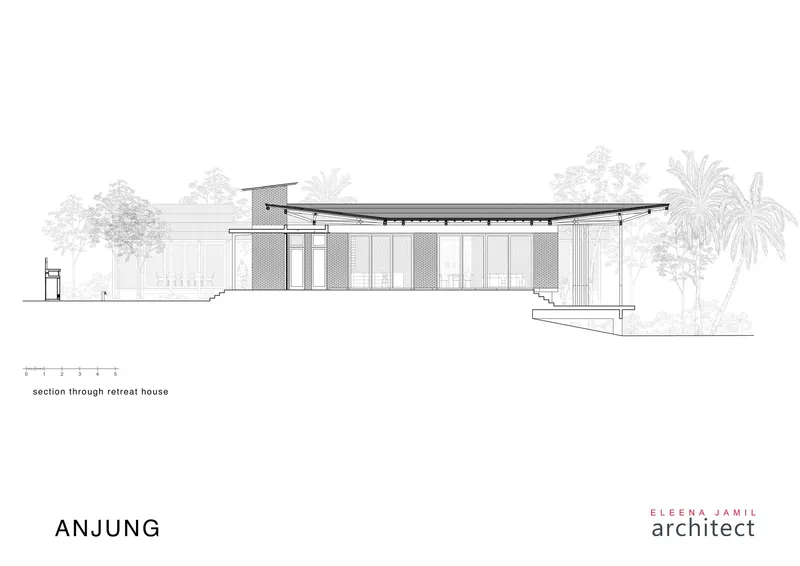 Section drawing through a low-slung pavilion with a curved roof and exposed structural frame
