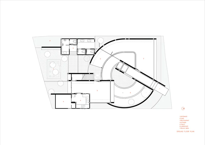Ground floor plan drawing showing a curved volume wrapping a circular void and angled wing