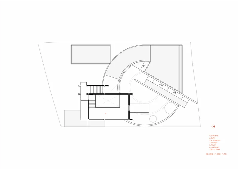 Second floor plan drawing with central stair core and curved balcony overlooking the circular space