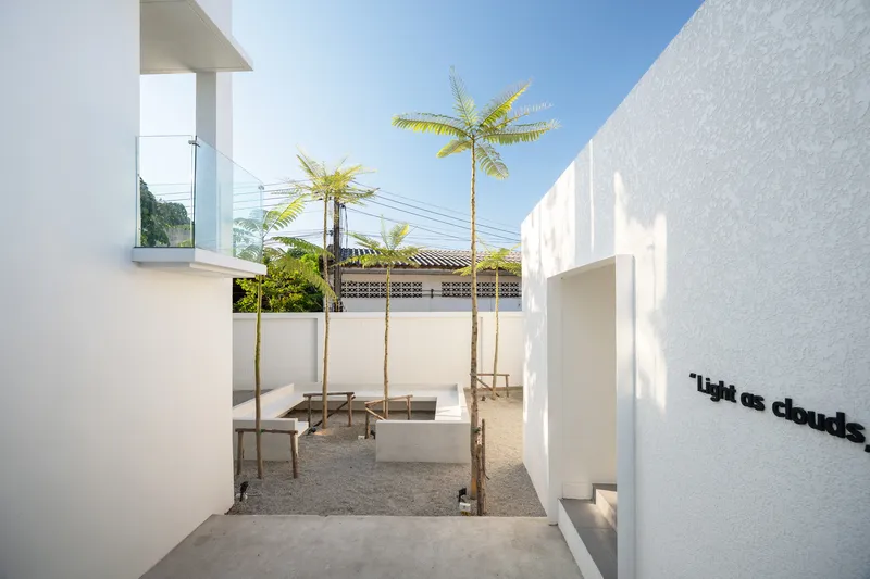Narrow courtyard passage with tall palm trees and concrete benches beneath bright midday sun