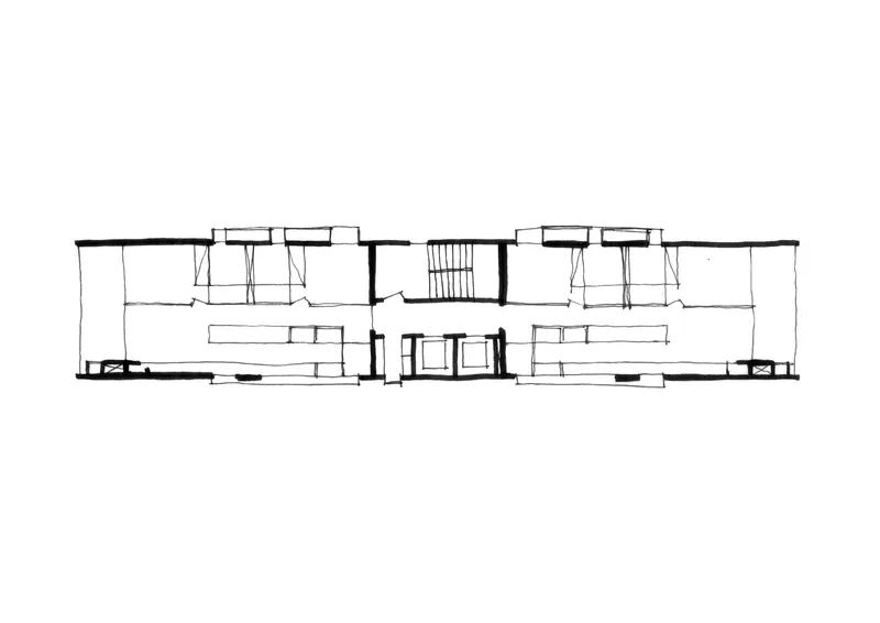 Section drawing showing symmetrical residential units flanking a central stair core