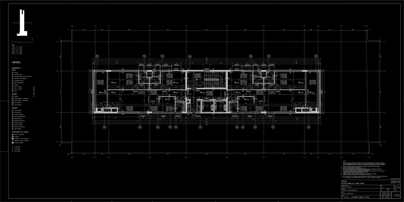 Floor plan drawing with central circulation and symmetrically arranged rooms on either side
