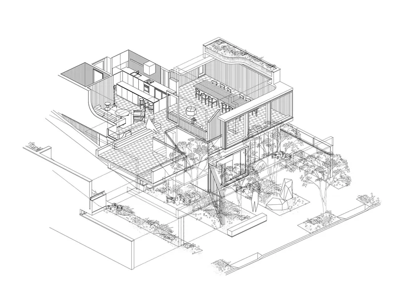 Axonometric drawing showing multi-level volumes with planted terraces and interior spatial relationships