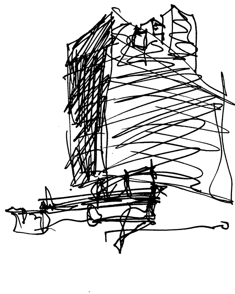 Pen sketch of a multi-story facade with vertical elements and horizontal banding