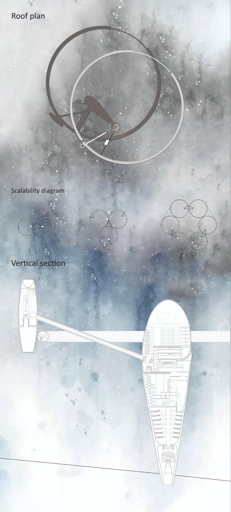 Roof plan and vertical section drawing with three overlapping circular volumes over a winter landscape