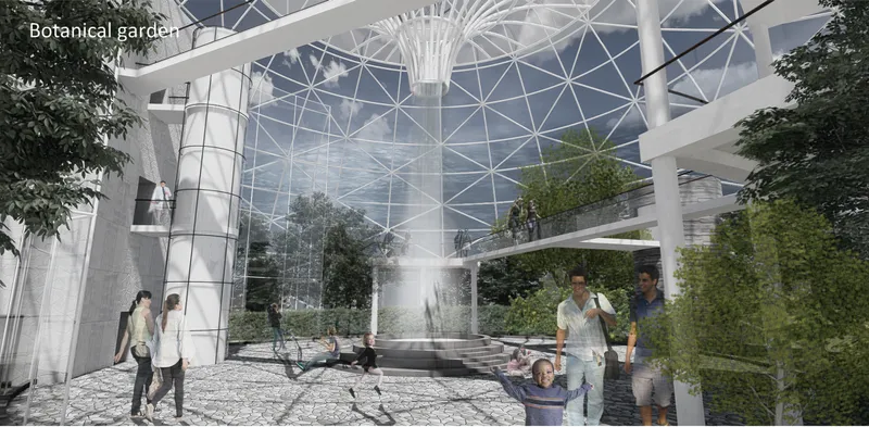 Interior rendering of a glazed botanical garden with white structural framework and visitors among planted beds