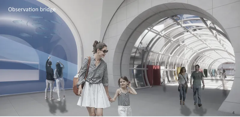 Tubular glass corridor with arched ribs and visitors walking through the bright interior passage