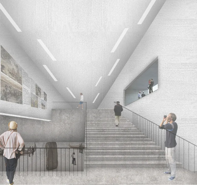Monumental stairs guide visitors through layered exhibitions of human civilization.