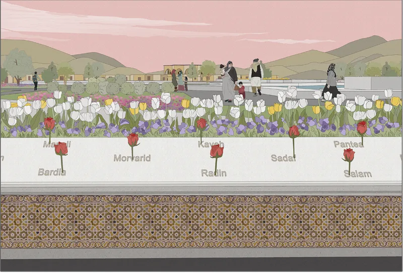 Persian blossoms mark names, memory, and cultural rebirth after disaster.
