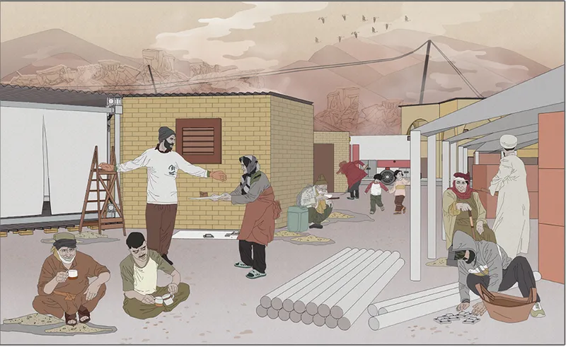 Community members rebuild transitional housing after the earthquake.