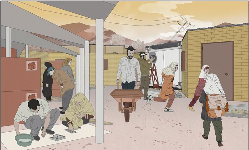 Residents participate in self-built reconstruction using local skills and materials.