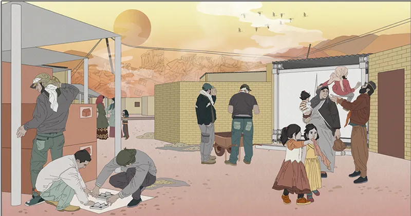 Temporary shelters evolve into a shared neighborhood of recovery.