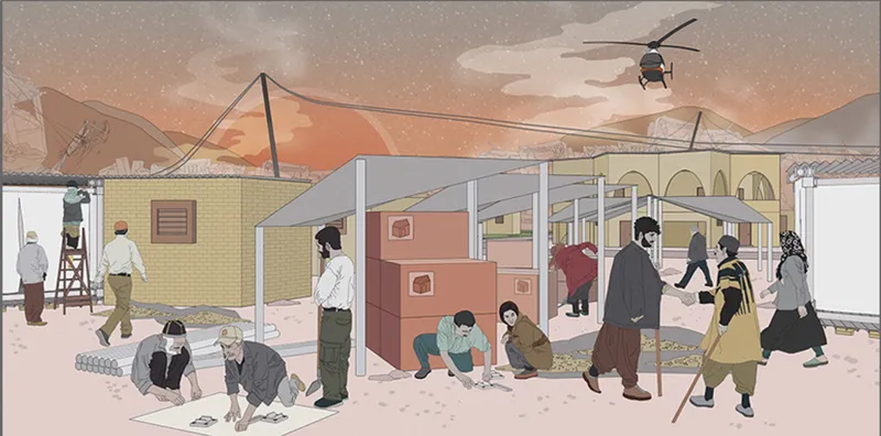 Night view of the post-earthquake community reconstruction process.