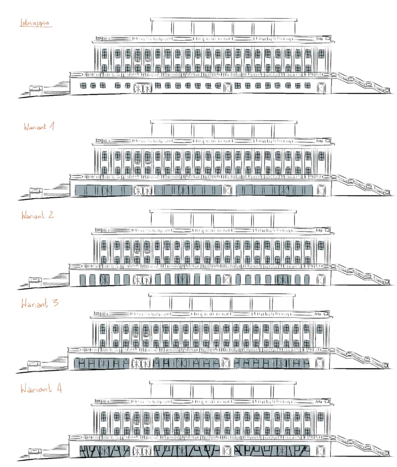 Fig. 6. Existing Elevation Sketch and Glazing Variants (source: own elaboration)