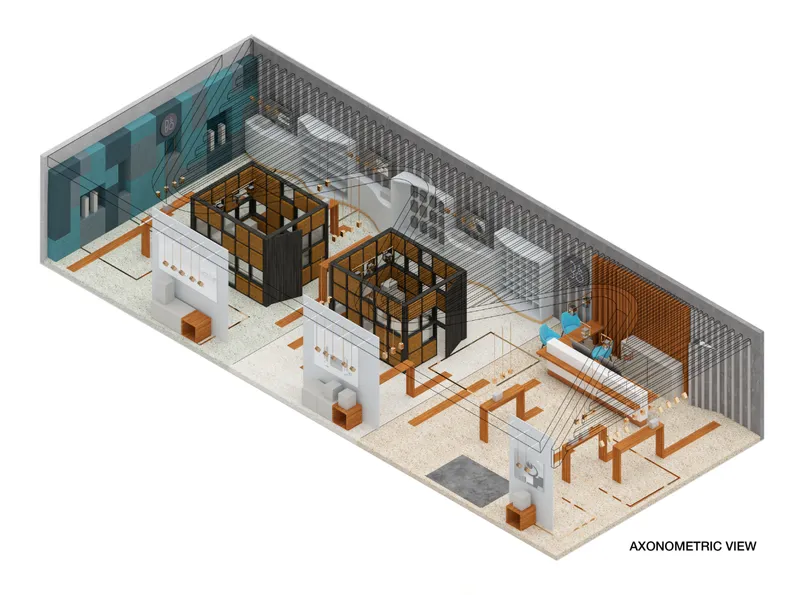 Axonometric view of B&amp;O Store showing the compact showroom layout, product zones, lighting, and material palette.