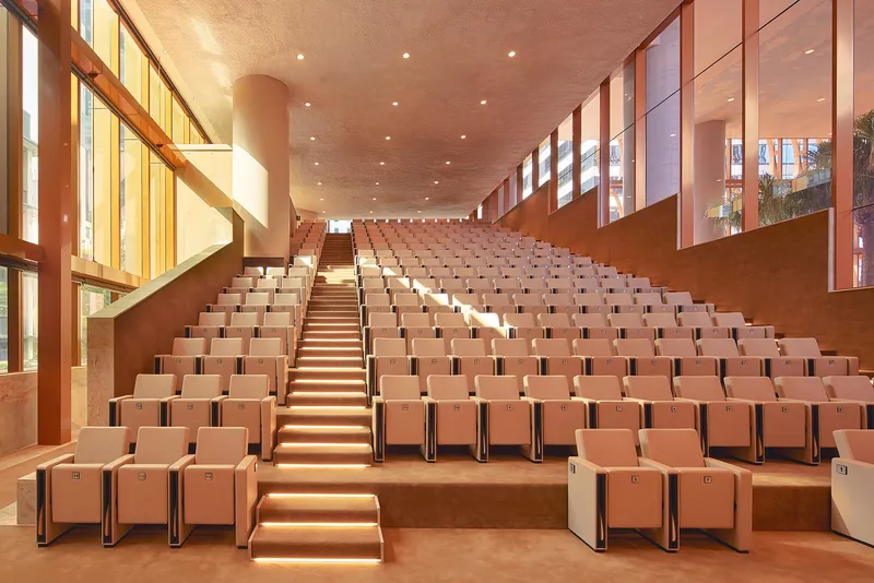 Auditorium with terraced seating in warm tones and timber-clad walls with strip lighting along the stepped aisles