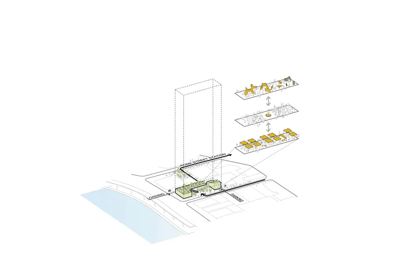 Axonometric drawing showing a tower rising from a podium with ground level landscaping and layered roof terraces
