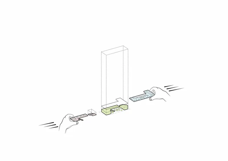 Isometric diagram of modular units being slid into a tower frame by hands in sequence