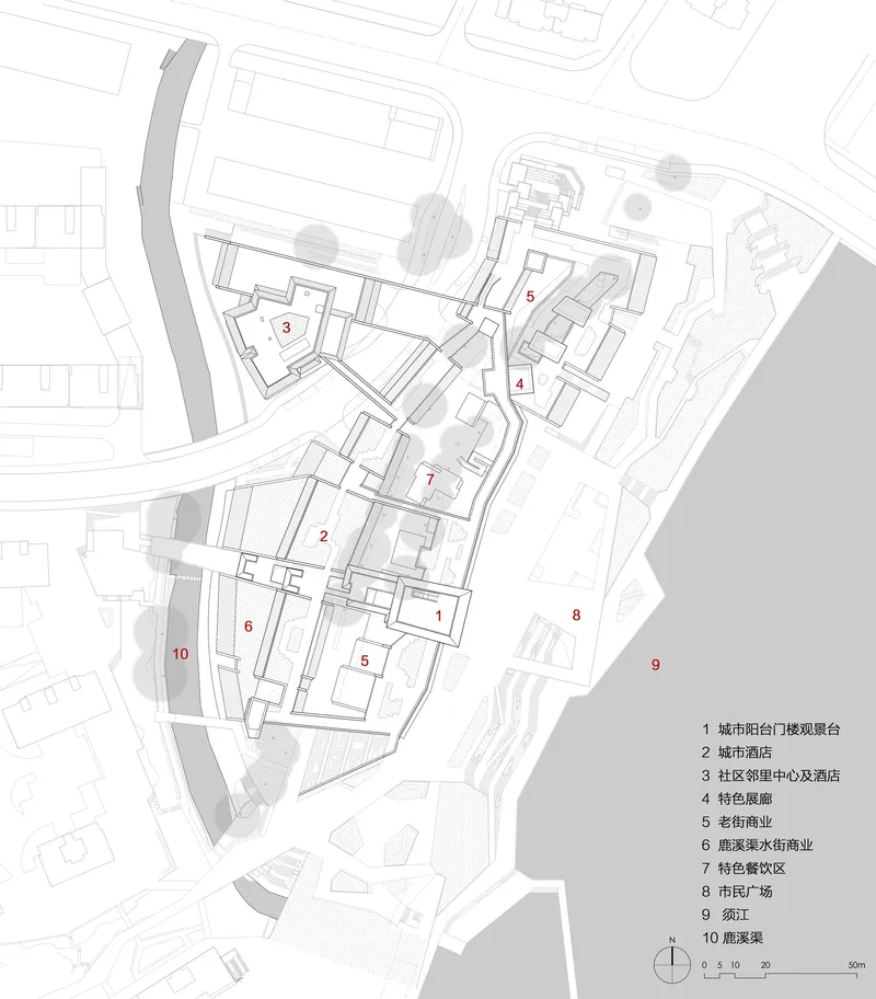 Site plan drawing with numbered buildings, existing trees indicated in grey, and adjacent river edge