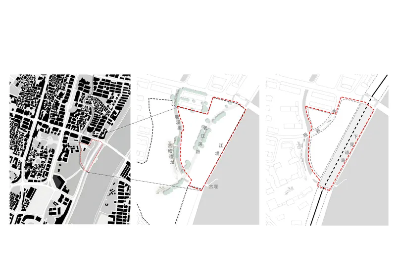 Site plan sequence showing urban context and phased development of a triangular waterfront parcel