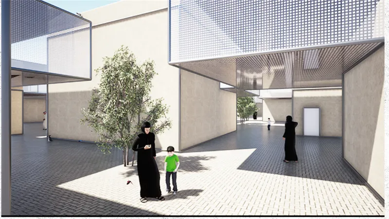 Pedestrian passage framed by modular homes, trees, and elevated screened volumes.