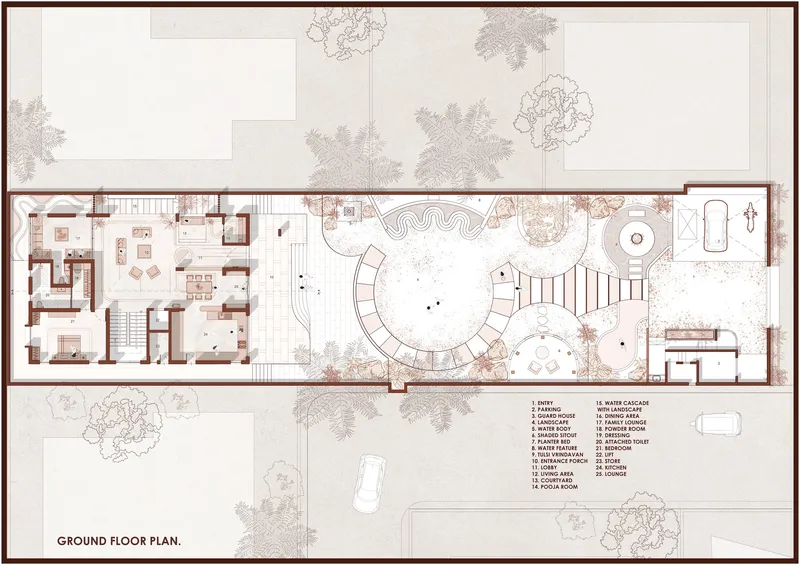 Ground floor plan drawing showing interior rooms and central courtyard with curved steps and planted areas