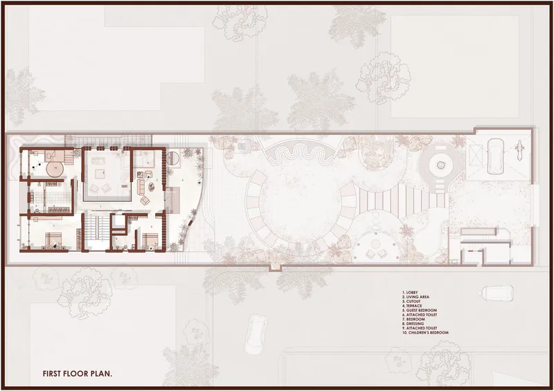 First floor plan drawing showing upper rooms, terrace and courtyard with annotated room labels