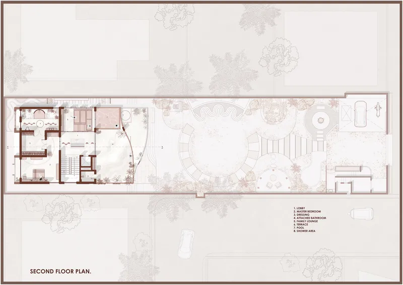 Second floor plan showing interior rooms on the left and a central courtyard with pool and curved seating areas