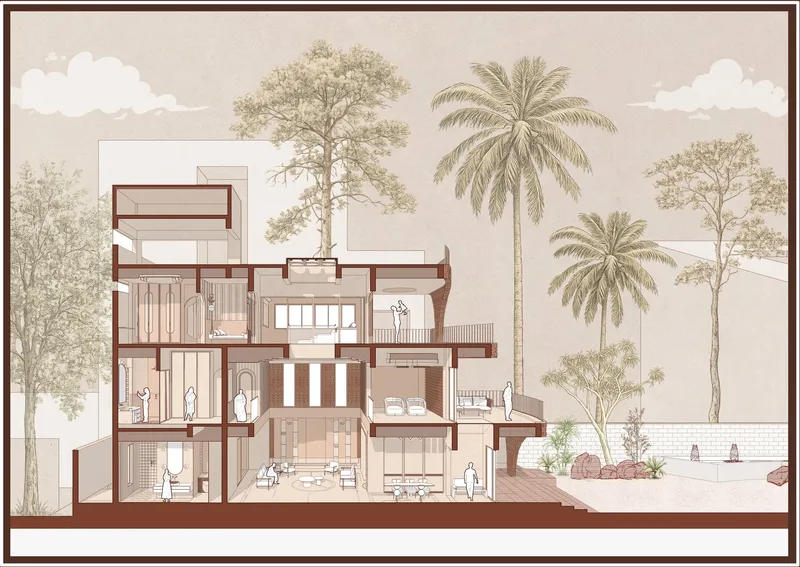 Section drawing revealing multi-level interior spaces with figures and palm trees framing the composition