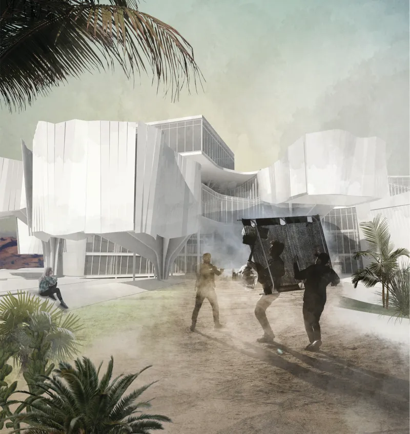 Film crew activity animates the shaded plaza beneath flowing cinema-inspired facades.